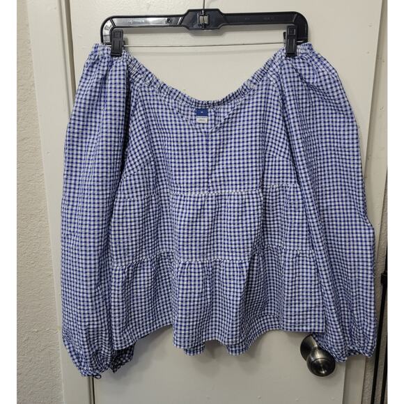Old Navy Tiered Seersucker Long Sleeve Swing Top Size Medium Plaid Blue White - Picture 3 of 9